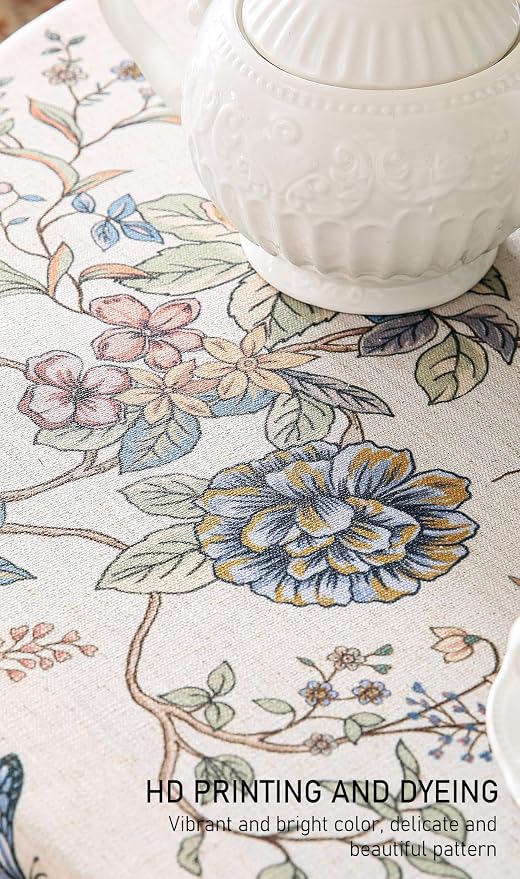 ISAENNE Designer French Linen Round Tablecloth,Diameter 67"-Cornucopia | Vintage Elegant Floral and Bird Pattern Beautiful Durable Table Cloth for Dining Room Tea Party Kitchen Thanksgiving,Decor