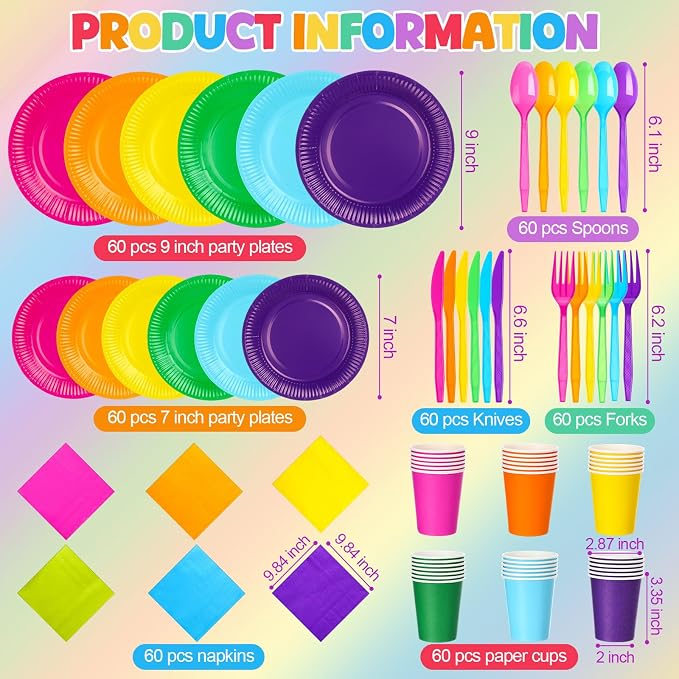 Ziliny 420 Pcs Rainbow Neon Party Supplies Paper Plates and Napkins 9 oz Paper Cups Forks Knives Spoons Disposable Tableware for Rainbow Birthday Party Supplies, Serves 60(Rose Red, Purple, Yellow)