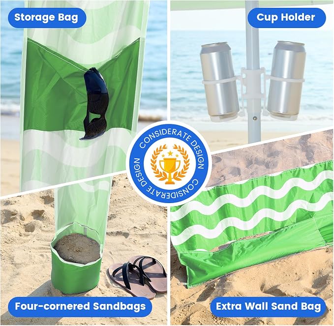 Zeraty Beach Cabana 8'×8', Portable Beach Canopy with Side Wall, UPF 50+ Silver-Coated Beach Tent Sun Shelter Easy Pop Up, Wind Resistant Adjustable Height Beach Umbrella Tent for Family, Green
