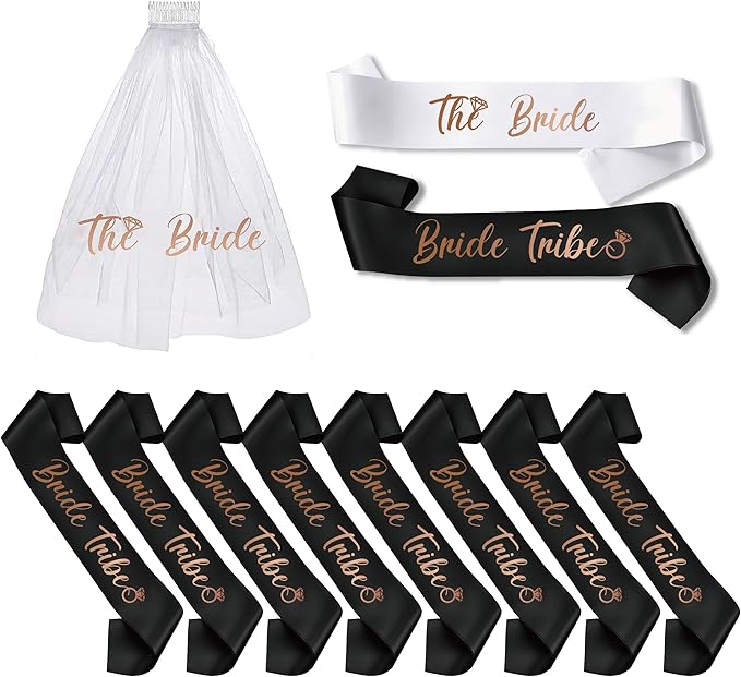 PartyGifts&beyond Bachelorette Party Favors Bride to Be Sash and Veil Set Bachelorette Sashes Bridal Shower Gifts Bride Tribe Sash (11，Black)