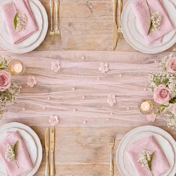 Artoid Mode Pink Flower Pearl Pink Gauze Table Runner 10FT, Seasonal Sheer Dining Holiday Wedding Birthday Baby Shower Table Decor for Home Party