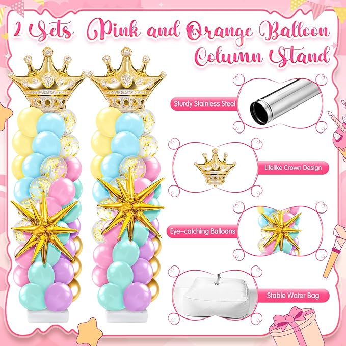 2 Sets Princess Balloon Column Stand Kit with Crown Exploding Star Foil Balloon Pastel Rainbow Balloons Arch Garland for Princess Birthday Wedding Baby Shower Decorations Party Supplies