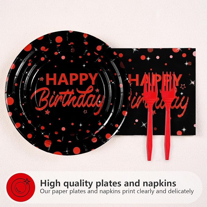 Grencian 96Pcs Red and Black Birthday Party Decorations Red Polka Dots on Black Paper Plates and Napkins Disposable Dessert Tableware for Men Women Birthday Party Decorations 2026 Serves 24