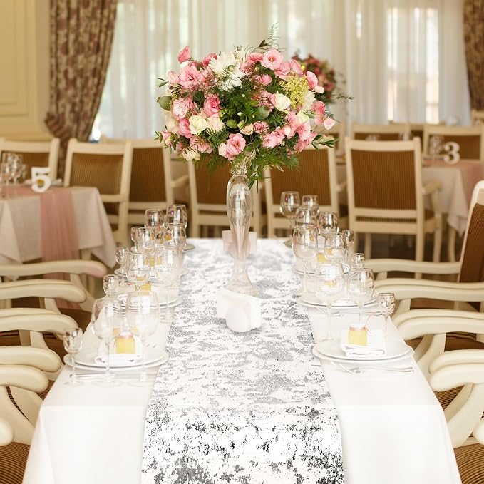 Aneco 12 Pieces Metallic Glitter Table Runner 84 x 11 Inches Silver Glitter Mesh Table Runners Sparkle Rectangle Runner Roll Decorations for Wedding Baby Shower Birthday, DIY Home Decor