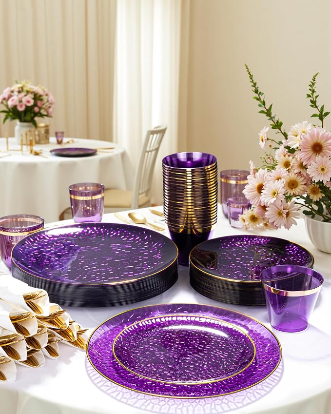 Hioasis 60pcs Purple Plastic Plates - Gold Rimmed Disposable, Hammered, Heavy-duty Dinnerware Set Suitable for 30 Guests, 10.25" Dinner & 7.5" Dessert Plates for Party & Wedding