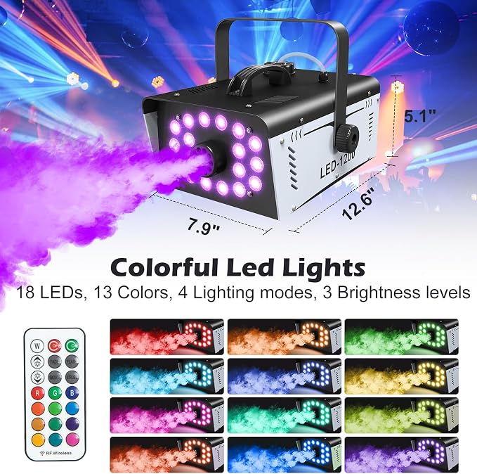 1200W Fog Machine Halloween Outdoor with 18 LED Lights 6000CFM Smoke Machine Fog Indoor with Remote for Wedding Party DJ Disco Stage