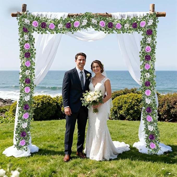 Livole 2Pcs 6 FT Artificial Flower Garland Fake Purple Rose Peony Floral Garland with Eucalyptus Flower Hanging Vine for Wedding Arch Table Centerpieces Backdrop Party Home Decorations