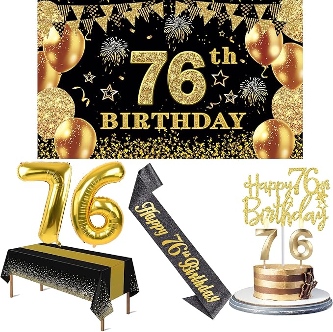 76th Birthday Decorations Men Women with 76th Birthday Banner, Black and Gold Table Cloth, Number Balloons, Sash, Cake Topper and Candles