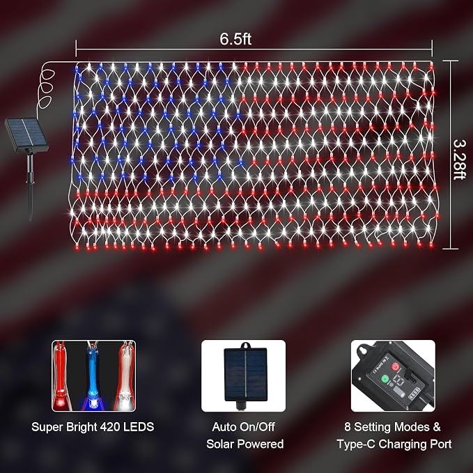 Solar American Flag Lights Outdoor420 LEDs US Flag Net Lights 6.5 x 3.28 Ft | Solar Flag Lights with Remote Dimmable Timer 8 Lights Modes for Independence/National/Memorial Day July 4th