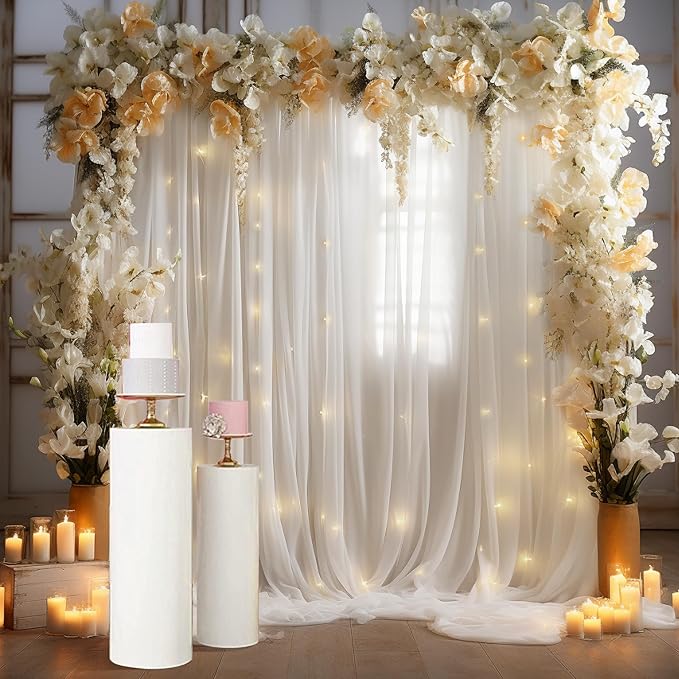 10x10ft White Tulle Backdrop Curtain with Lights String for Parites, Sheer Curtain Backdrop Drapes for Wedding Baby Shower Bridal Shower Birthday Party Photography Background Decoration