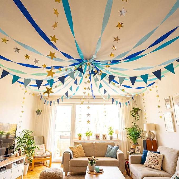 Frienda 14 Pcs Blue Party Decorations Set 492ft Colorful Crepe Paper Streamers, 52.8ft Gold Star Garlands Backdrop and 4 Pennant Banner Flags for Wedding Birthday Fancy Party Hanging Decorations