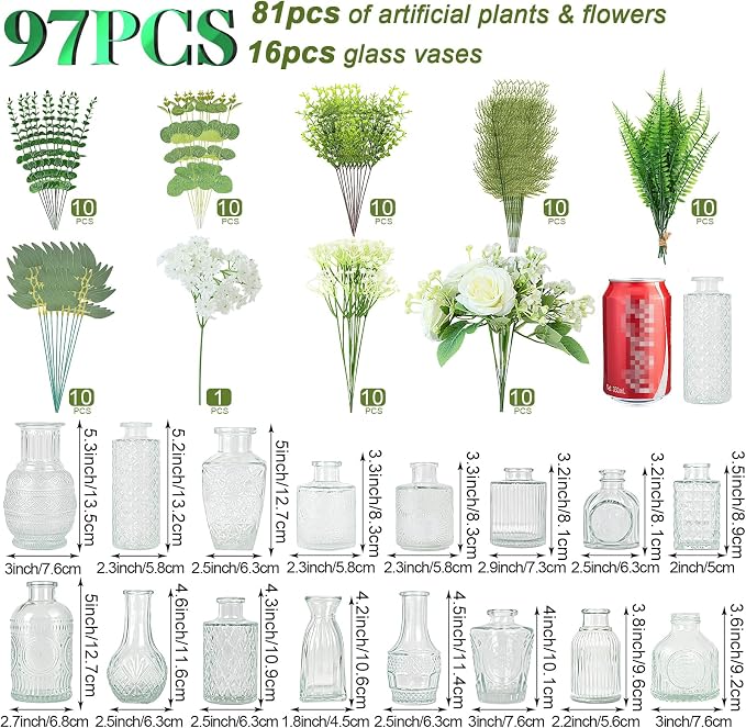 WARMALL Artificial Flowers with Vases, 16 Pcs Bud Vases, & 81 Pcs Artificial Plants DIY Set Suitable for Centerpieces Table Weddings Party Office and Indoor Decor Mini Small Glass Clear(White)