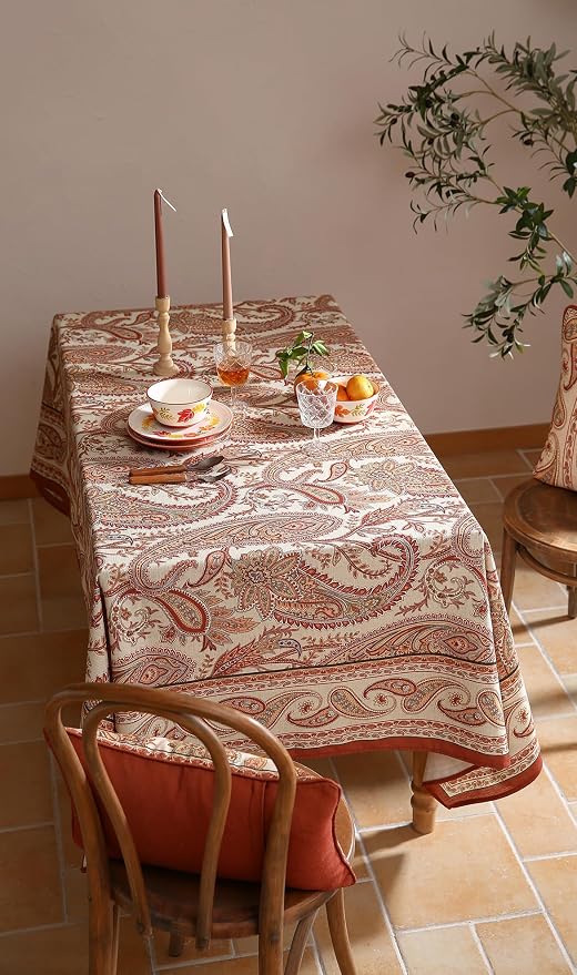 ISAENNE Designer Vintage Linen Rectangular Tablecloth,102"x63"-Chauffrey D | Vintage French Table Cloth Rectangle Table,Cashew Pattern,Durable,Heavyweight,Dining,Kitchen,Tea Party,Thanksgiving