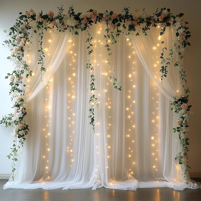 White Tulle Backdrop Curtain with Lights String 10x8ft Sheer Drapes for Wedding, Birthday, Baby Shower, Bridal Shower, Photo Booth, Party, Home Decor (2 Panels, White)
