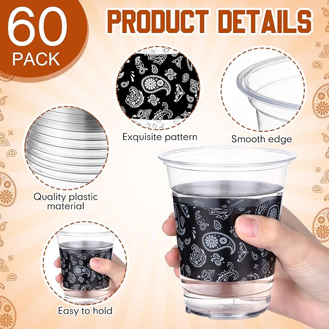 Funnymoom 60 Pack Western Cowboy Cups 12 oz Black Bandana Paisley Print Disposable Clear Plastic Cups for Western Cowboy Birthday Party Decoration Supplies