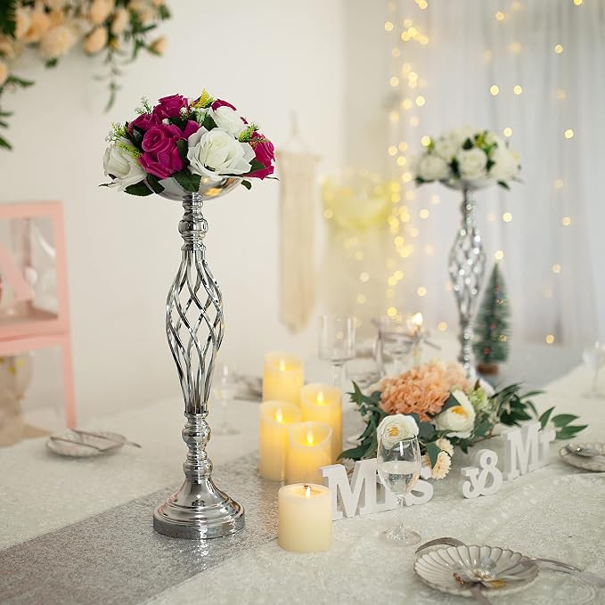 Silver Wedding Vases for Table Centerpieces - 2pcs of Twist Candleholder Stands, Elegant Floral Arrangement Vases, Metal Centerpieces for Reception Table Wedding Road-Leading Home Decor