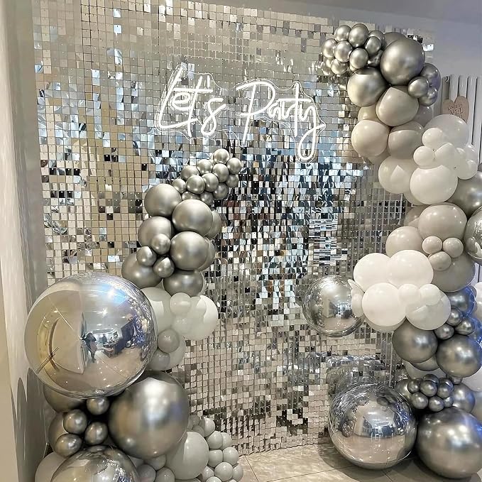 Silver Shimmer Wall Backdrop,Shiny Sequins,12Pcs Sequins Backdrop Panels, Glitter Bling Photo Background for Birthday Party Wedding Engagement Anniversary Graduation (Each 1FT², Total 12FT²)