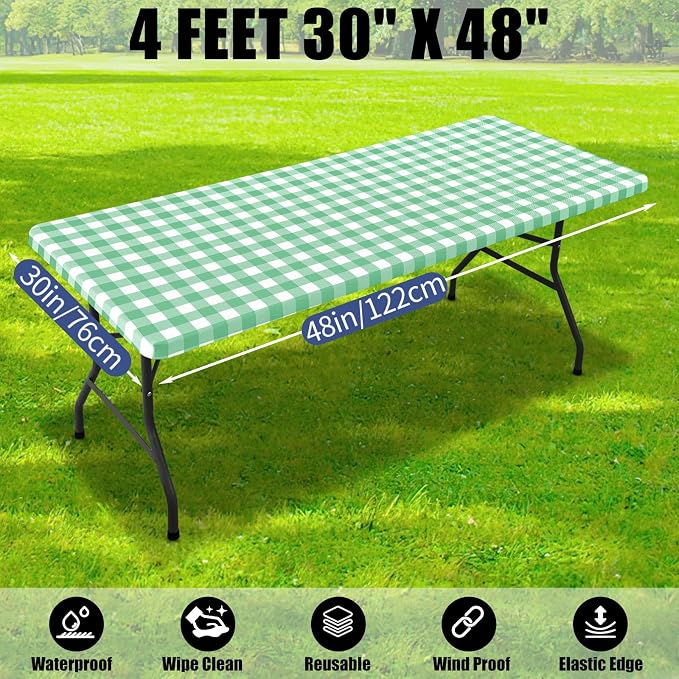 Smiry Picnic Table Cloth 4 Pack, Waterproof Elastic Fitted Tablecloths for 4FT Rectangle Tables, Washable Polyester Buffalo Plaid Tablecloth for Camping & Outdoor (Sage Green & White, 30" x 48")