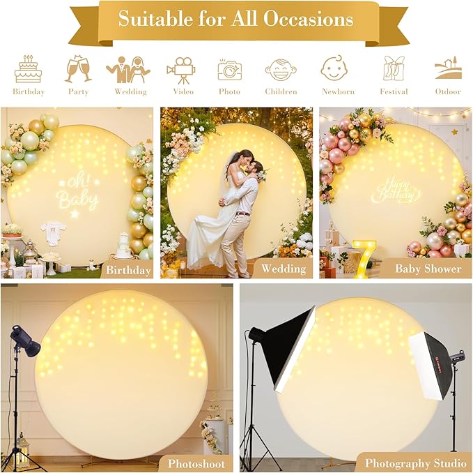 7.2 FT Ivory Round Backdrop Cover with Lights String for Circle Arch Stand Circle Backdrop Covers with LED Fairy Lights for Wedding Arch Baby Shower Birthday Party Photo Shoot Photography Background