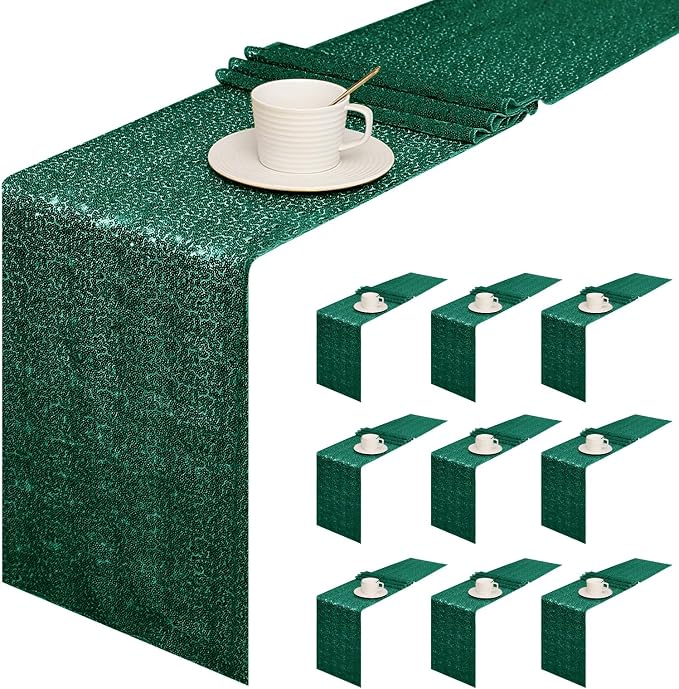 Sugargirl 10 Packs 12 x 72 inches Sequin Table Runner, Glitter Dark Green Table Runner for Birthday Party Supplies Wedding Holiday Celebration Event Decorations