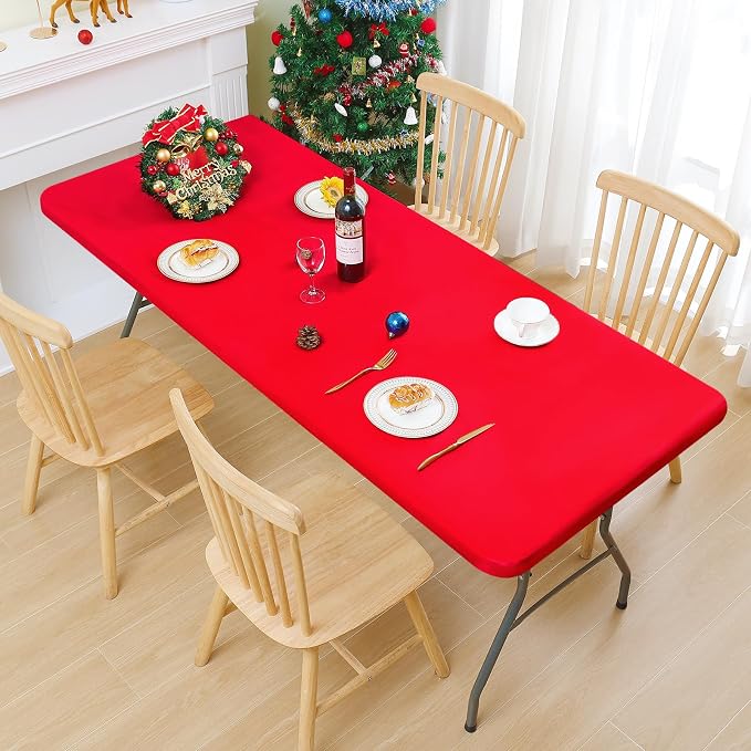 Smiry 3 Pack Rectangle Table Cloth, Elastic Fitted Flannel Backed Vinyl Tablecloths for 6ft Folding Tables, Waterproof Wipeable Table Covers for Indoor, Outdoor, Camping and Picnic (Red, 30"x72")