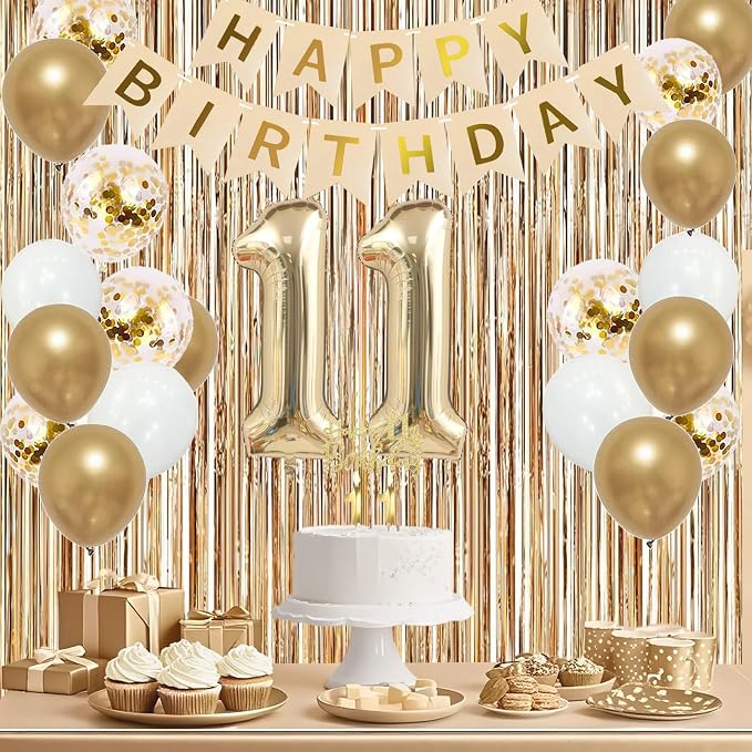 Trgowaul 11th Birthday Decorations for Girls, Banner, Sash and Crown, Cake Topper, 11 Number Balloon, Fringe Curtains, Champagne Gold 11th Birthday Party Supplies