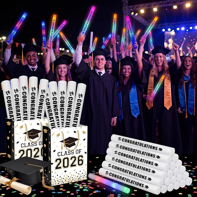 Huquary 50 Pcs Graduation Party Favors LED Foam Light up Sticks Bulk, Glow in The Dark Graduation Party Supplies with 3 Modes Colorful Flashing for Congratulation Grad Celebration Decoration(Black)