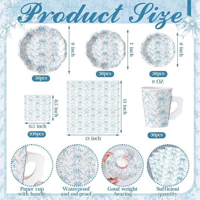 Pickmesh 252 Pcs Blue Bow Floral Tea Party Supplies for 36 Guests Flower Paper Disposable Dinnerware Flower Teacup with Handle and Saucers Set for Tea Party Decorations Birthday Baby Shower Wedding