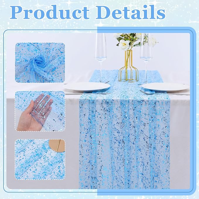 BINBE 3PCS Blue Table Runner 10Ft Sheer Chiffon Fabric Cheesecloth Sequin Glitter Table Runner for Wedding Birthday Party Decor