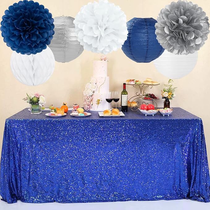 Navy Blue Silver White Paper Flowers Tissue Pom Poms Honeycomb Lanterns 15pcs Royal Party Decorations Graduation Birthday Wedding Baby Bridal Shower Boy Bachelorette Hanging Supplies Mprocherify