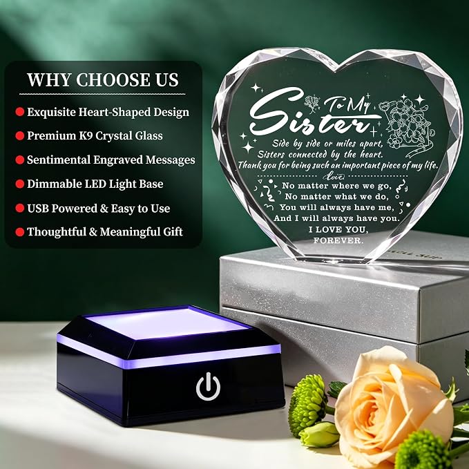 Sister Gifts Sister Birthday Gifts from Sister Brother with Colorful LED Base Idea for Sisters Crystal Heart Keepsake Sisters Gift for Women for Christmas Mother's Day Valentines