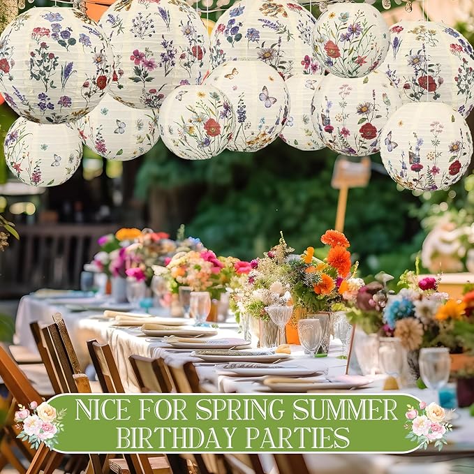 Baquler 12 Pcs Spring Wildflower Paper Lanterns Party Decorations Vintage Floral Hanging Lanterns 3 Styles for Baby in Bloom Baby Shower Wedding Garden Tea Summer Home Indoor Outdoor Party Decor