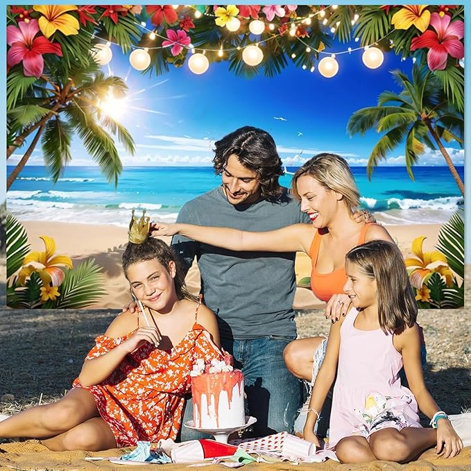 10x8ft Summer Beach Hawaiian Backdrop Tropical Palm Flower Seaside Scenery Hawaiian Photography Background Luau Party Decorations Backdrops Banner Studio Photo Booth Props