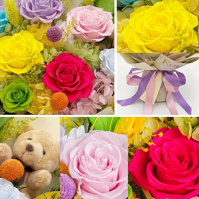 Preserved Bouquet with Bear: Big Flowers Big Love-Romantic Graduation Gifts for Her-Daughter Girlfriend Wife Mom-Flowers for Delivery Prime on Birthday Valentines Anniversary (Dopamine 1)