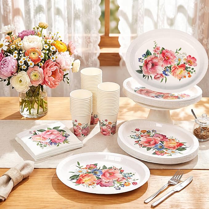 Vesici 150 Pcs Floral Oval Paper Plate and Napkin Set 10'' x 12'' Large Wildflower Tableware Spring Flower Heavy Duty Disposable Plate Napkin Cup for Wedding Birthday Mother's Day Party Supplies Decor