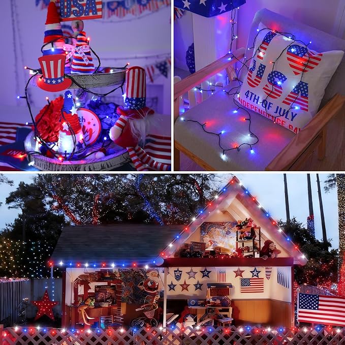 QITONG Red White and Blue Solar String Lights, 2 Pack Each 33ft 100 LED 4th of July Lights Outdoor Waterproof, 8 Modes Green Wire Solar Patriotic Lights for Independence Memorial Day