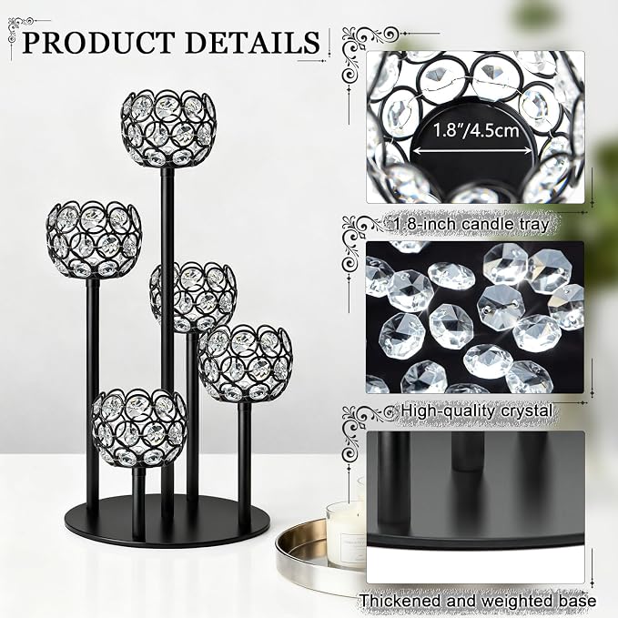 5-Arm Crystal Tealight Candelabra Centerpiece, 14.8 Inch Metal Candle Holder for Table Decor, Wedding, Christmas, Party, Anniversary & Home Decoration (4, Black, S-14.8 in)