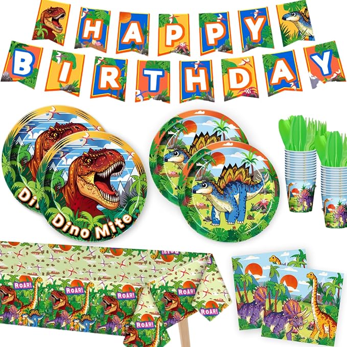 Daidle Birthday Party Supplies Kit for 24 Guests - for Dinosaur Birthday Decorations, with Banner & Tablecloth, Plates, Cups, Napkins and Cutlery, 1st Dinosaur Party Decorations for Kids