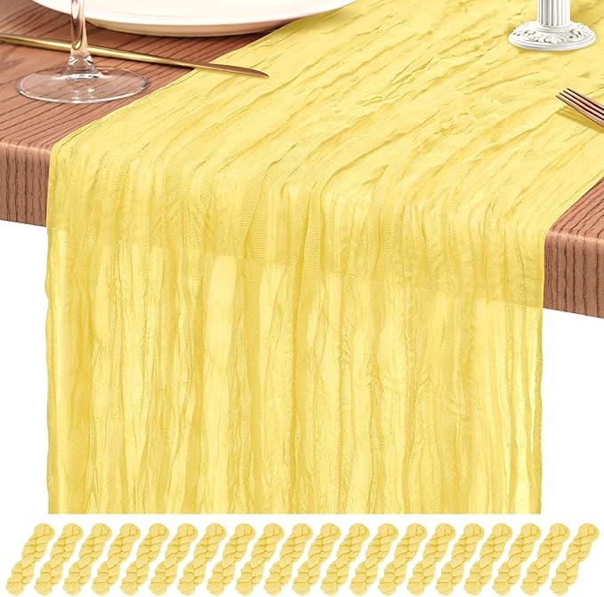 20 Pack Light Yellow Cheesecloth Table Runner 10FT Boho Gauze Cheese Cloth Table Runners Romantic Rustic Sheer Table Decorations for Wedding Party Baby Shower Birthday Holiday Home