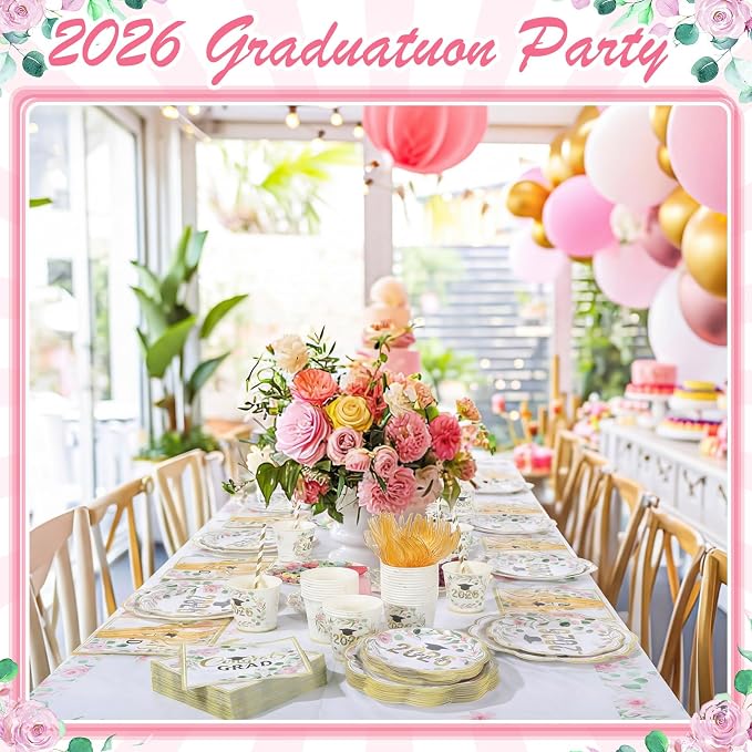 Funnymoom 452 Pcs Class of 2026 Pink Floral Graduation Decoration Party Supply for 50, Pink Gold Congrats Grad Paper Plates Napkins Cup Tablecloth Cutlery Straw for Freshly Graduated Decoration