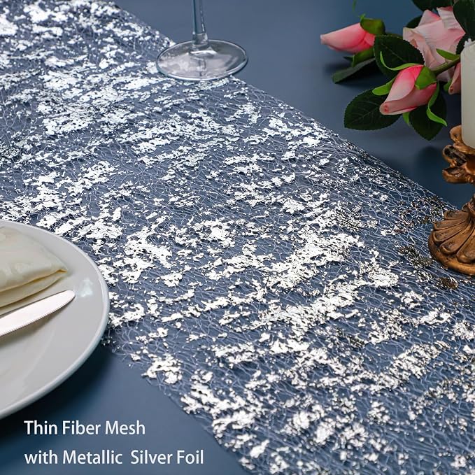 Snowkingdom Silver Table Runner, Sequin Glitter Foil Metallic Runner 11 Inch x 100 Feet, Silver Mesh Table Decorations Centrepiece for Wedding Birthday Party Christmas