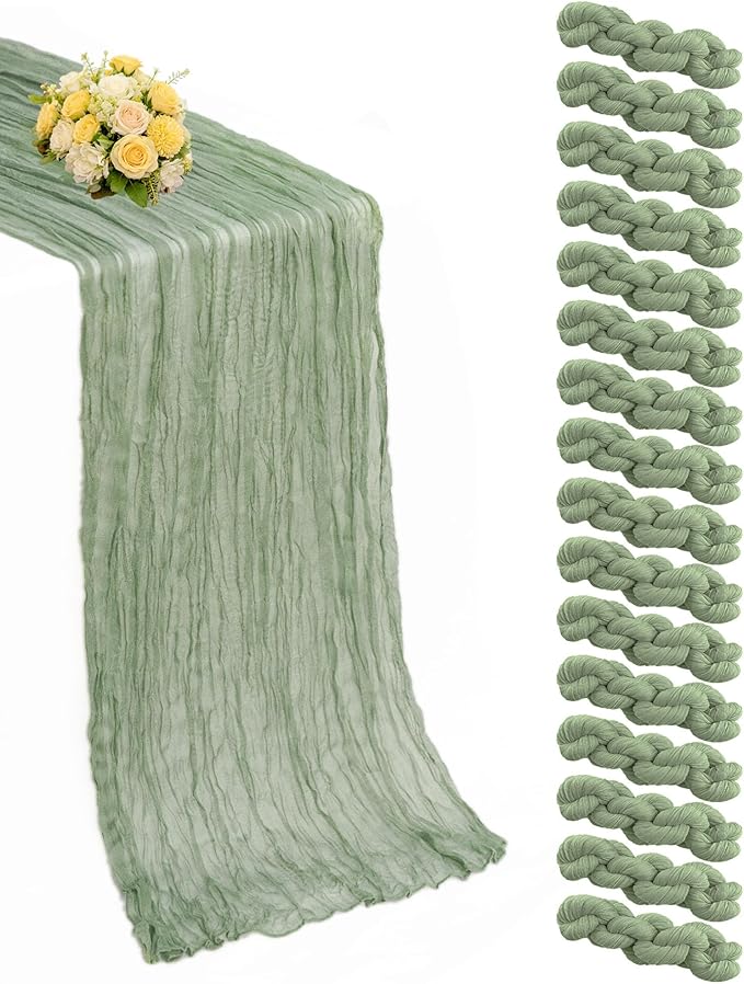 Sage Green Cheesecloth Table Runner 16 Pack 21x120 Inch Gauze Easter Spring Table Runner Sheer Polyester Cheese Cloth Boho Table Runners Decor for Wedding Baby Shower Candlelight Dinner