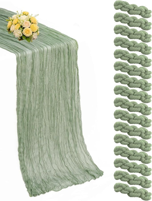 Sage Green Cheesecloth Table Runner 16 Pack 21x120 Inch Gauze Easter Spring Table Runner Sheer Polyester Cheese Cloth Boho Table Runners Decor for Wedding Baby Shower Candlelight Dinner