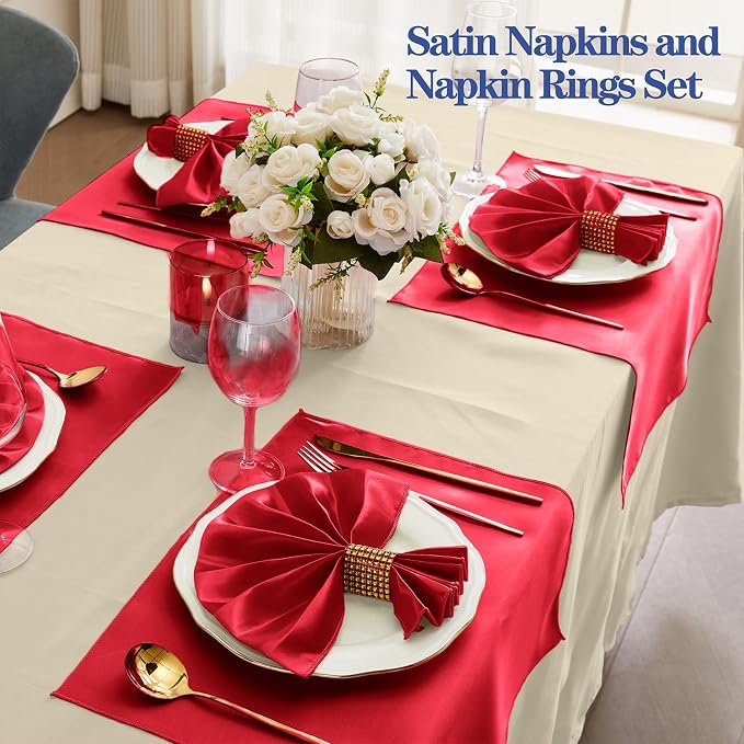 RUDONG M 100 Pcs Red Satin Napkins and Napkin Rings Set, 17 x 17 Inch Square Cloth Napkins Set of 50, Silky Soft Table Napkins Bulk for Weddings, Banquet, Parties Dinner Decoration