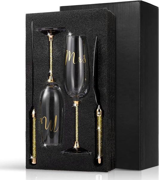 Boao 4 Piece Wedding Cake Knife and Champagne Flutes Server Set Mr and Mrs Toasting Flutes Crystal Rhinestone Cake Cutting Set for Bride and Groom Wedding Engagement Bridal Shower Gifts(Gold)