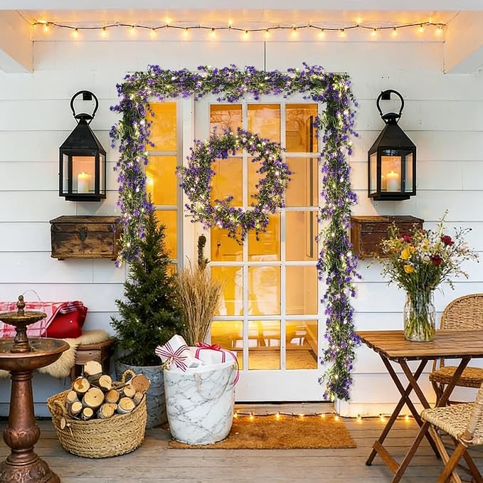 RECUTMS Faux Lighted Mantle Garland Artificial Hanging Greenery Fake Hanging Eucalyptus Leaves Vine with Lights Swag Garland for Indoor Outdoor Wall Party Mantel Wedding Table Arch Decor(Purple)