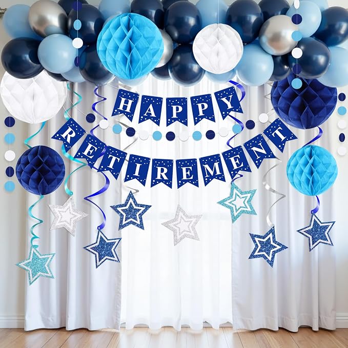 Happy Retirement Party Decorations for Men Women Blue Silver Happy Retirement Banner Honeycomb Balls Pentagram Hanging Swirl Streamers Circle Dots Garland