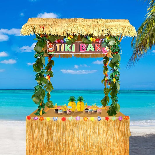 Auihiay 50PCS Tiki Bar Hut Kit, Tiki Hut Decoration Includes Tiki Bar, Banner, Roof, Palm Leaves, Flower Garland and Table Skirt, Great Hawaiian Pool Beach Luau Party Decor Supplies