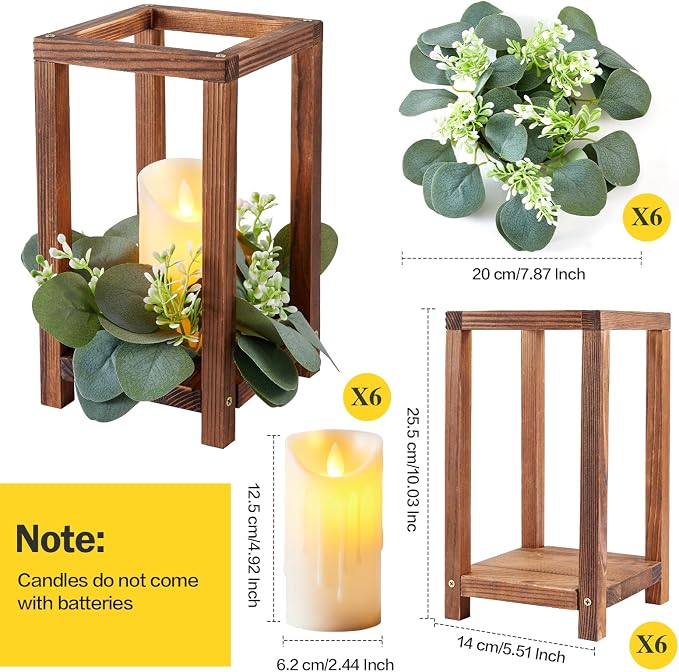 6 Set/18 Pcs Wooden Wedding Lantern Centerpiece Include 6 Wooden Lantern Candle Holder 6 Flameless LED Candle 6 Eucalyptus Leaves Wreath for Centerpieces Wedding Table Party Farmhouse Decor