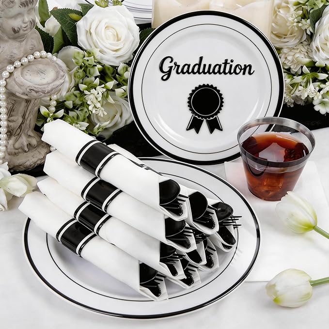 WELLIFE 350Pcs Black Plastic Dinnerware with Pre Rolled Napkins, Include:50 Dinner Plates, 50 Dessert Plates, 50 Paper Napkins, 50 Cups, 150 Plastic Cutlery